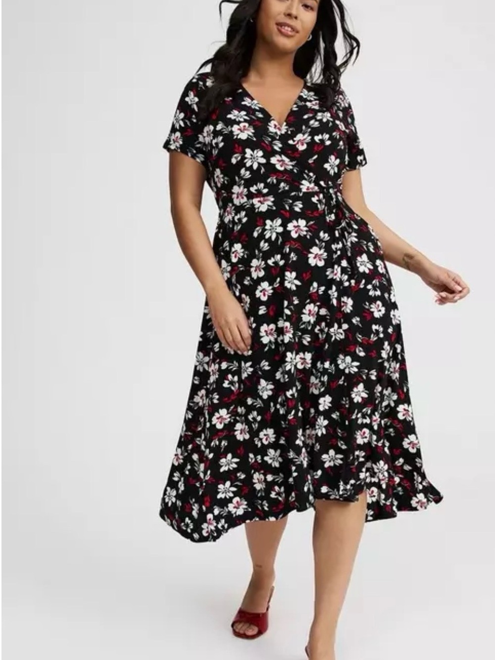 Torrid Black Floral Wrap Midi Dress